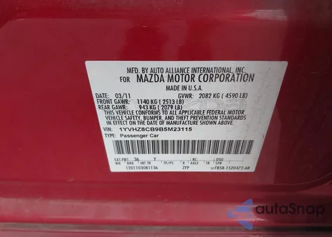 2011 Mazda Mazda6 S Grand Touring из США, поврежденный, VIN 1YVHZ8CB9B5M23115